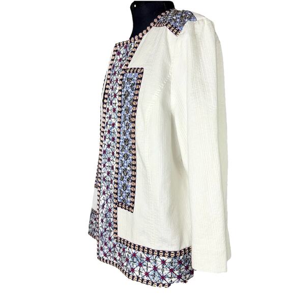 CHICOS Size 3 16/18 Cotton White Beads Sequins Embroidered Open Quilt Jacket - Picture 5 of 11